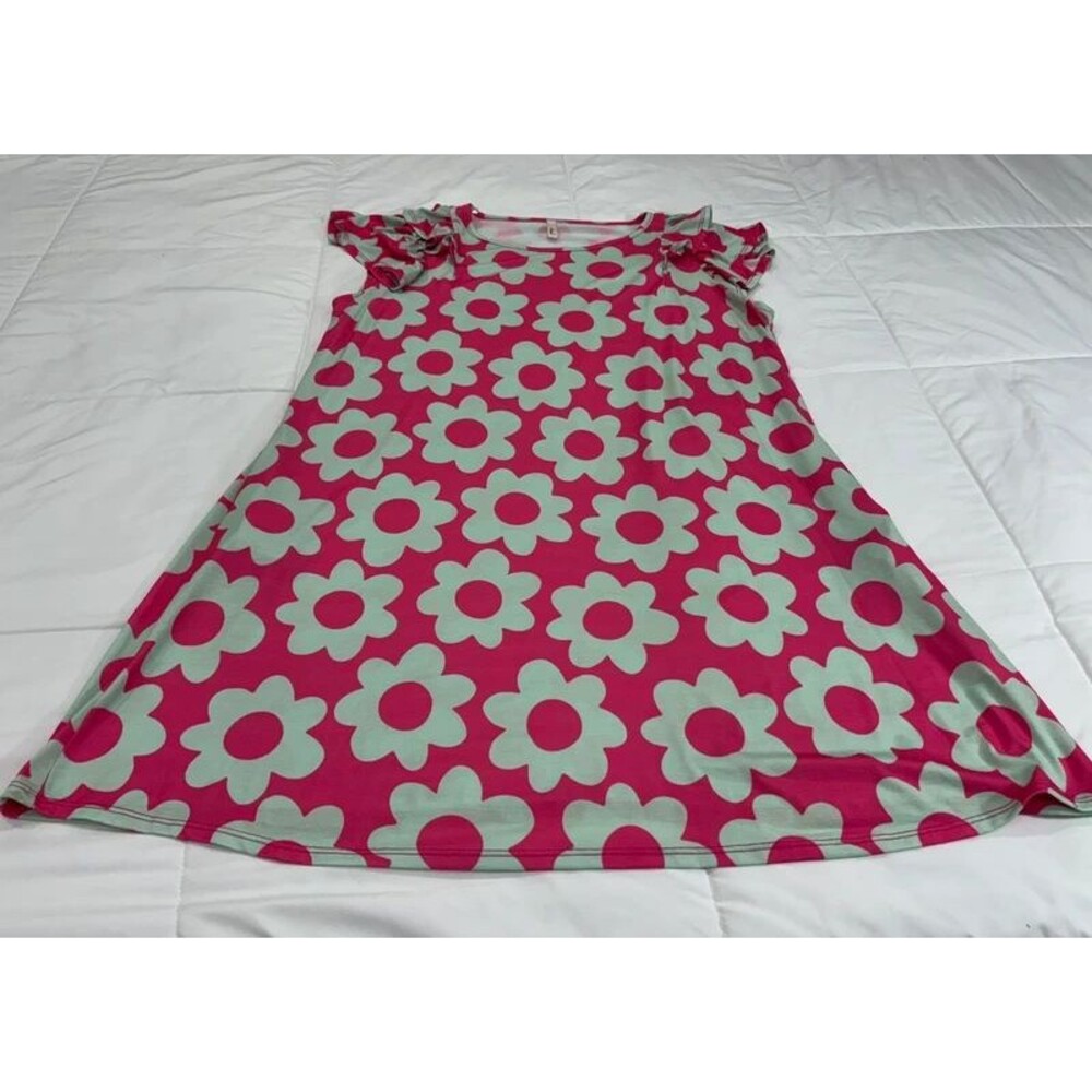 Ladies Medium Mint & Pink Floral Dress with Flutter Sleeves - Picture 4 of 8